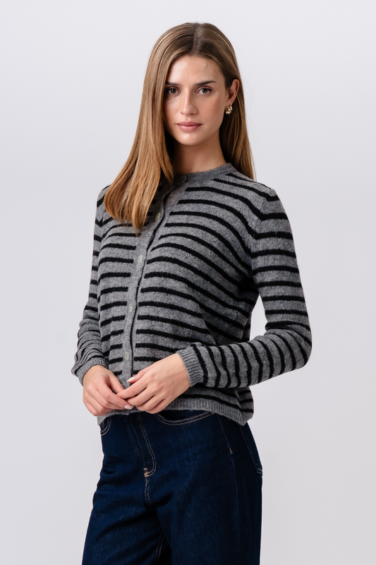 Crizette Stribet Strik Cardigan - Grå/Sort
