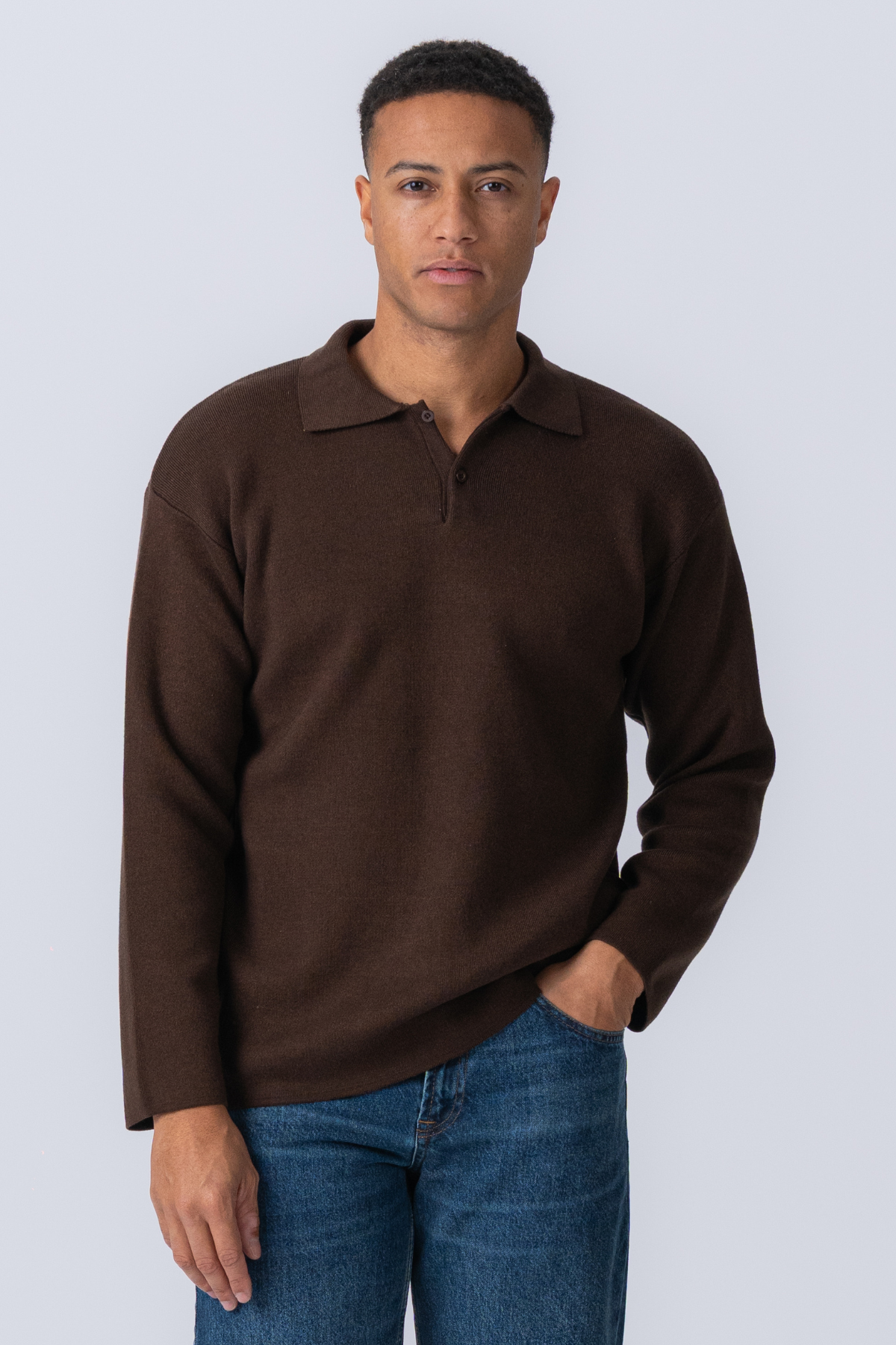 Strikket Langærmet Polo - Lys Brun