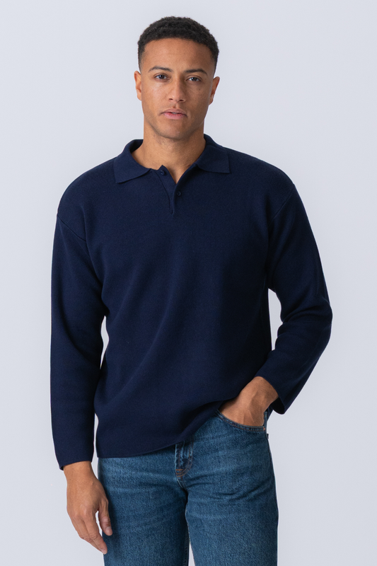 Strikkede Langærmede Polo - Navy