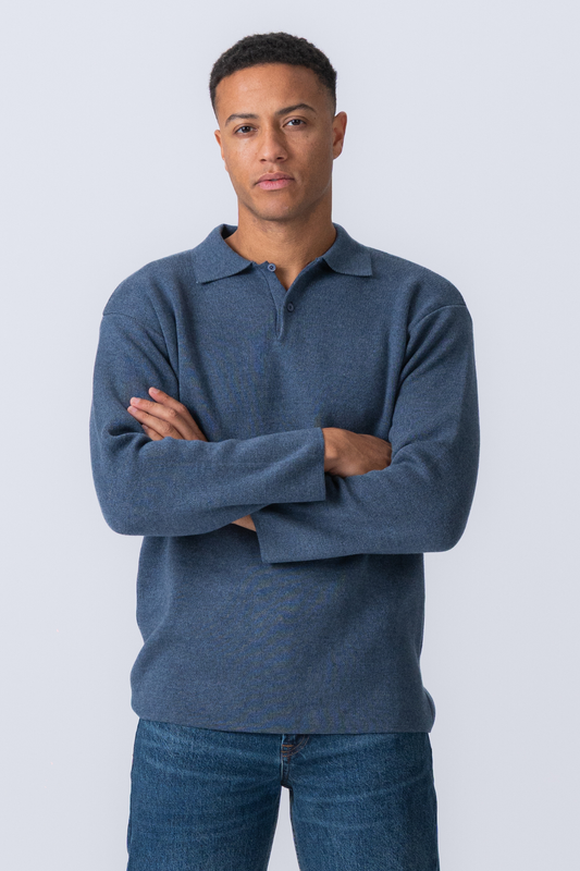 Strikket Langærmet Polo - Ocean Blue