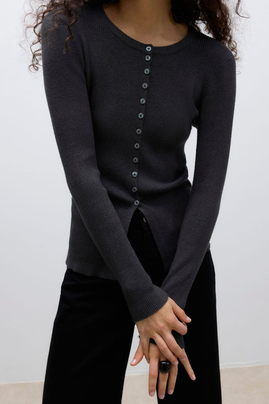 Ukino O-Neck Strik Cardigan - Mørkegrå Melange