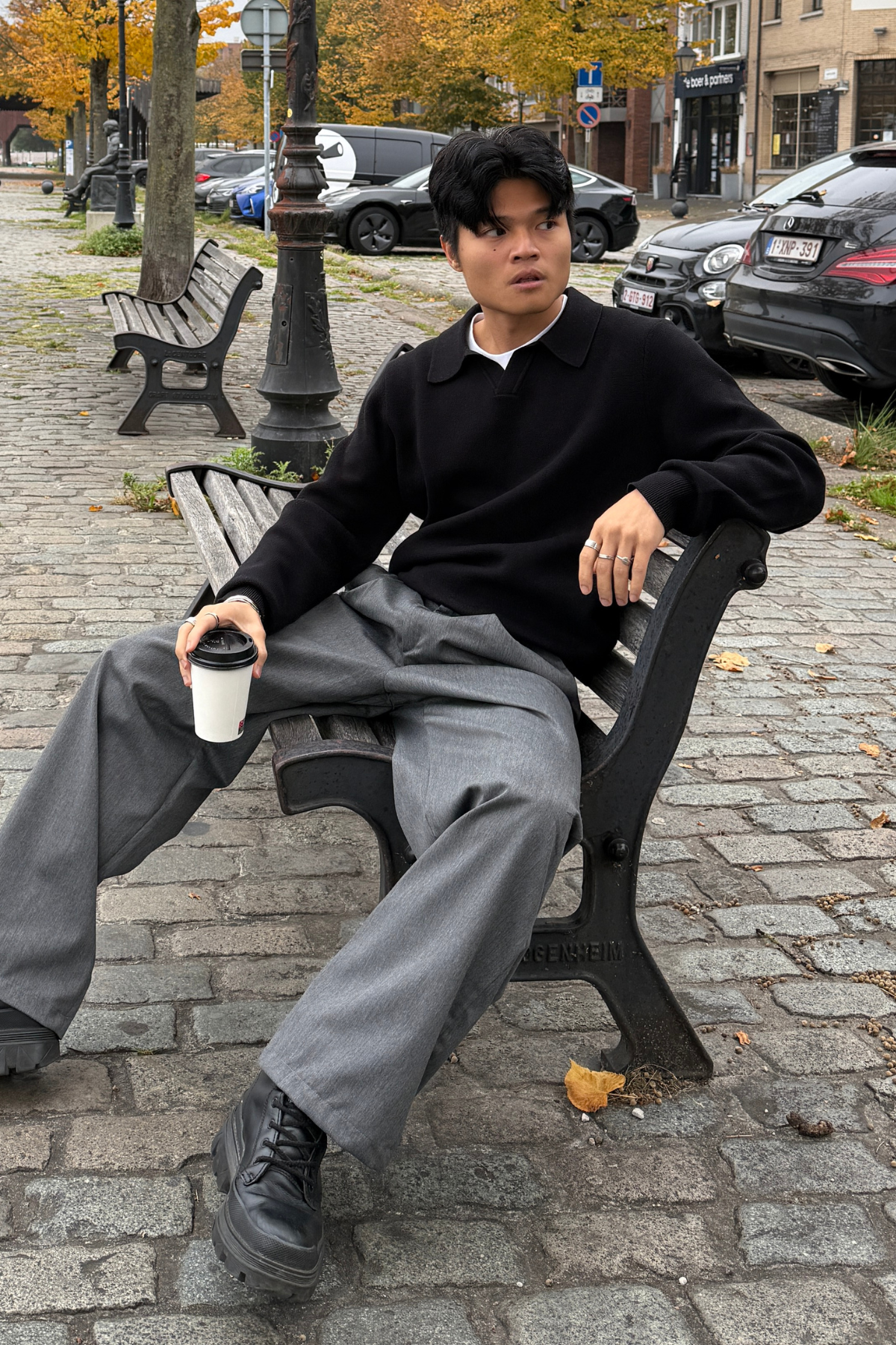 Strikket Langærmet Polo - Sort